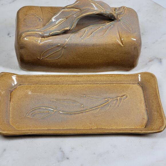 Handmade Pottery Butter Dish with Lid Leaf Handle Studio Stoneware Brown Glaze - Picture 2 of 16